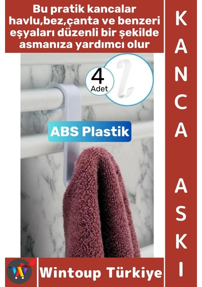 Askı Montajsız Çok Amaçlı Küçük Eşya Havlu Çanta Mutfak Banyo Abs Sert Plastik Kanca Askı 4 Adet