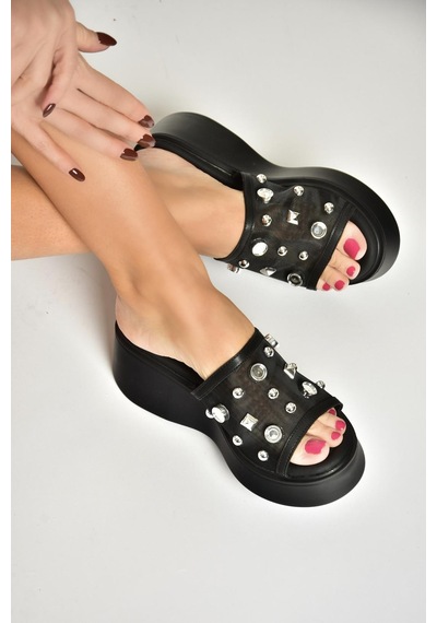 Fox Shoes U973622009 Siyah Kalın Tabanlı Kadın Terlik Siyah-suni Deri Siyah
