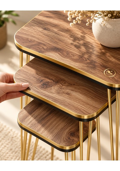 Odera Ceviz Detaylı Zigon Sehpa 3'lü Set Metal Ayaklı Modern Retro Salon Sehpası Diğer