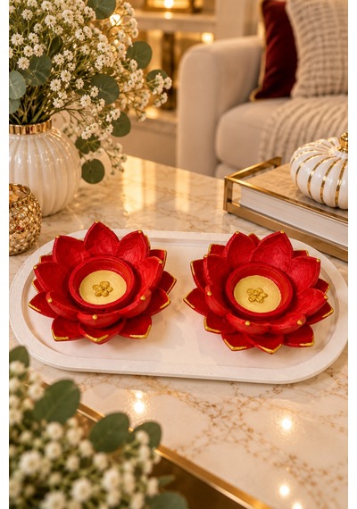 Kırmızı Lotus 2 Li Dekoratif Mumluk Seti Gold Detaylı El Yapımı Kırmızı