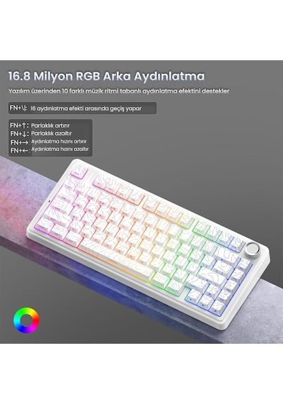 Aula F75 Mekanik Rgb Tkl Seiya Switch Kablosuz Makrolu Hot Swap Klavye Desenli Beyaz