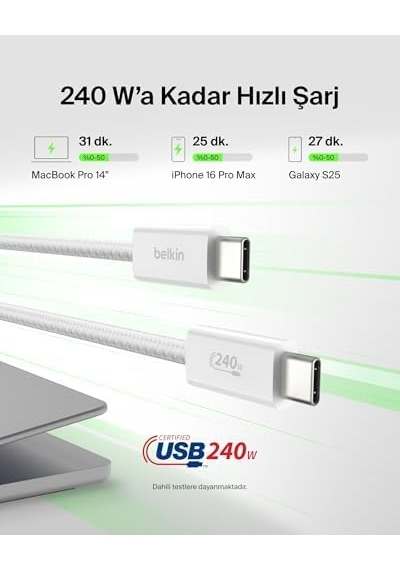 2&apos Li Örgülü Usb-c - Usb-c Kablo, 1,5 M, 240 W, Yumuşak, Esnek Ve Hızlı Şarj Kablosu, İphone 16 Ve 15 Serisi, Galaxy S25, Pixel 9, İpad Pro Ve Daha Fazlasıyla Uyumlu, Siyah