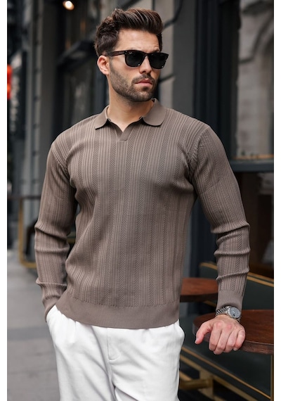 Madmext Açık Kahve Polo Yaka Desenli Over Fit Erkek Triko Kazak E7517 Açık Kahverengi