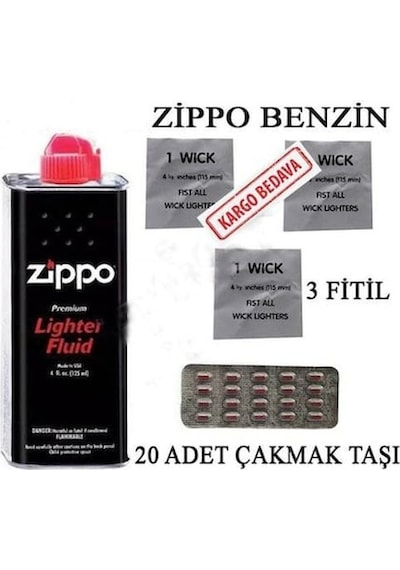 Zippo Benzin + 3 Adet Fitil + 20Li Alfa Çakmak Taşı Süper