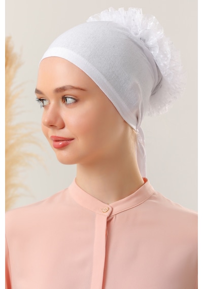 Melodi Scarf Kadın Tesettür Önü Dikişsiz Fırfırlı Penye Bone Beyaz