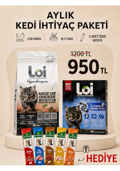 Aylık Kedi İhtiyaç Paketi 2 Kg Mama + 10 Lt Kum + 5 Li Karışık Ödül Maması Tavuklu