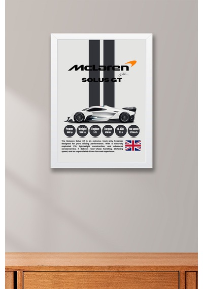 Mclaren Solus Gt Tablo - Teknik Özellikli Pist Arabası Poster - Çerçeveli Duvar Dekoru Beyaz