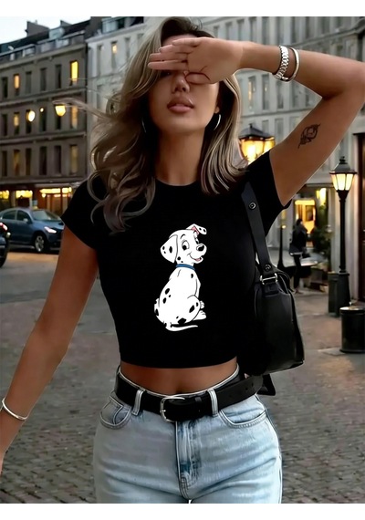 Noıssey Dalmaçyalı Köpek Yavrusu Baskılar Babby Teet-shirt Yaz Yüksek Elastik O-boyun Üstleri Y2k U Siyah