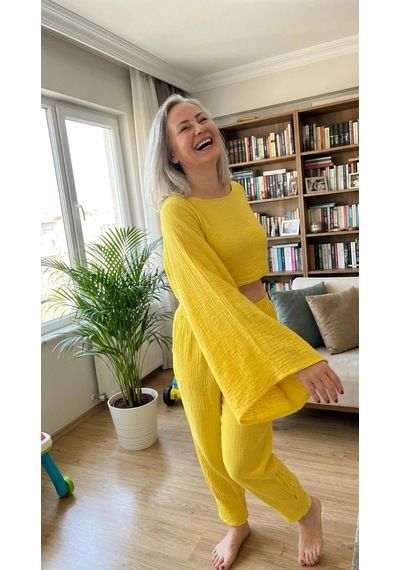 Byemelika Kayık Yaka, İspanyol Kol, Bürümcük, Lucia Crop Bluz Sarı