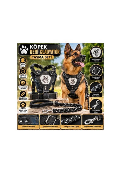 Köpek Hakiki Deri Gladyatör Göğüs Tasma Seti - Armalı, El Örgüsü Sevk Kayışı Çok Renkli
