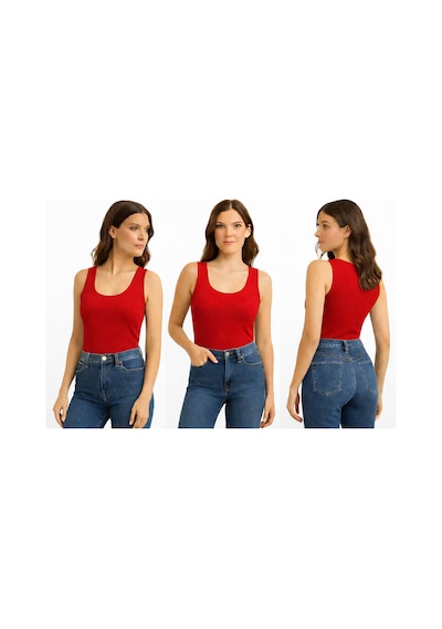 İngegno Body Geniş Bisiklet Yaka Sıfır Kol Viskon Örme Ring Kumaş Body Kadın Kırmızı