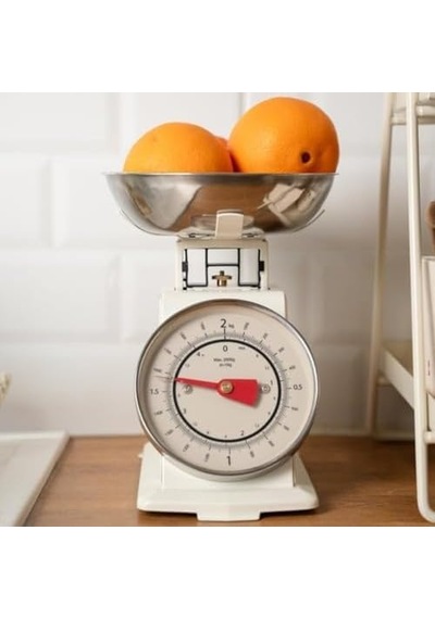 Tasarım Analog Mutfak Terazisi - 2 Kg Kapasiteli Mekanik Gıda Tartısı - Çıkarılabilir Gümüş Kaseli Ve İbreli Vintage Mutfak Tartısı Açık Bej