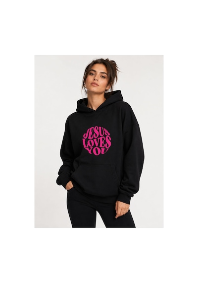 Herkesemoda Jesus Love Baskılı Kapüşonlu 2 İplik Şardonlu Sweatshirt Siyah
