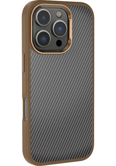 Apple Uyumlu iPhone 16 Pro Kılıf Karbon Fiber Görünümlü Parlak Kamera Çerçeveli Ven Rose Brown Rose Brown