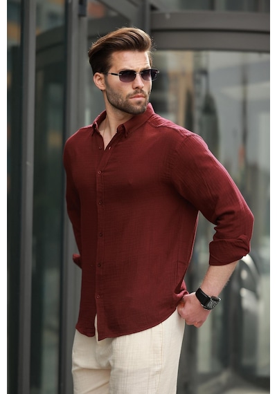 Madmext Bordo Basic %100 Pamuklu Uzun Kollu Erkek Gömlek E6761 Bordo