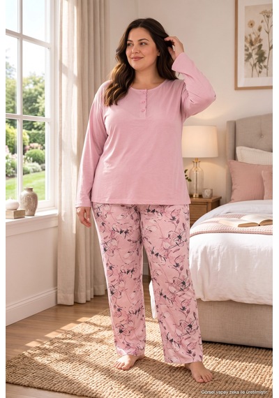 Seboteks Mevsimlik Kumaş Düğmeli Yaka Uzun Kollu Büyük Beden Kadın Pijama Takımı 1524 Pudra