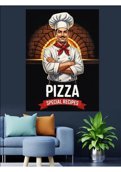 Ahşap Tablo Fırın Önünde Pizza Ustası Şef Aşçı " Özel Pizza Tarifleri" Sloganlı Afiş