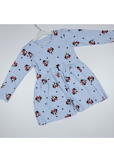 Momikon Minnie Mouse Baskılı Uzun Kollu Pamuklu Açık Mavi Elbise Açık Mavi