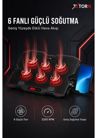 Torn Laptop Soğutucu 6 Fanlı Lcd Kontrol Panel Ayarlanabilir Dizüstü Bilgisayar Soğutma Fanı