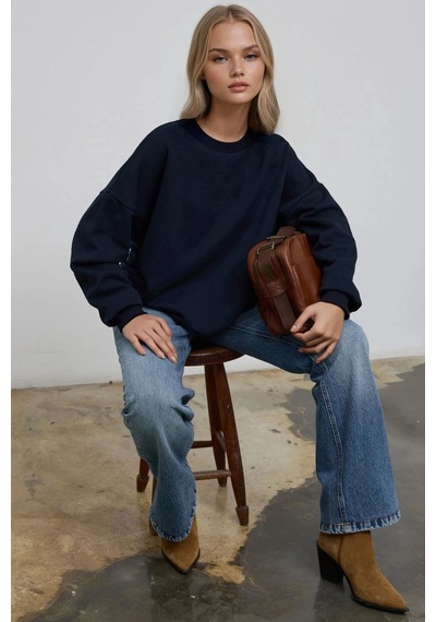 Hiccup Oversize Bisiklet Yaka Basic Sweatshirt Lacivert