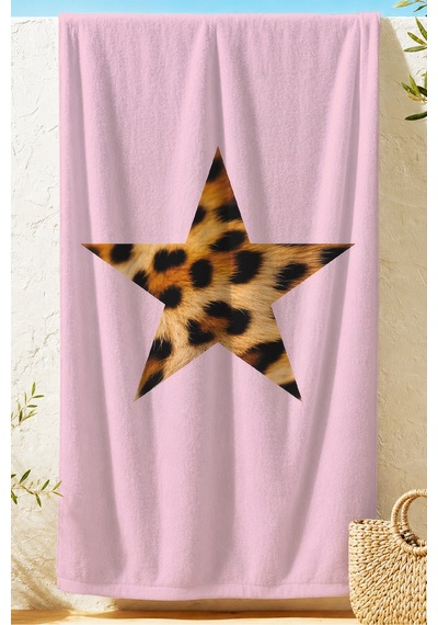 Yıldız Leopar Desenli Pembe Plaj Havlusu - Modern Pop Art Kum Tutmayan Havlu Havuz Deniz Banyo Kuru Melisa