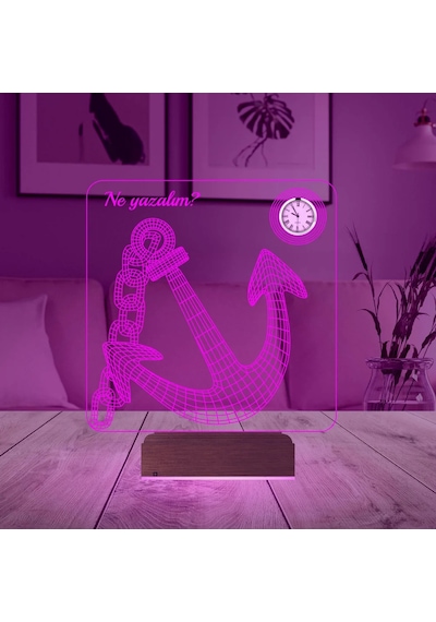 Luvivia Denizci Çapa Kaptan Kişiye Özel Metal Saatli 3d Lamba - Masa Gece Lambası Şeffaf