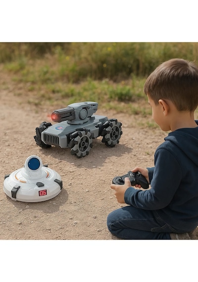Şarjlı Uzaktan Kumandalı Işıklı Atış Hedefli Ufo Avcısı Akrobatik Dublör Tank Araba Full Fonksiyon Gri