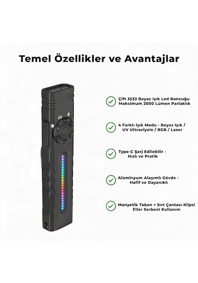 İdragon T61s Çok Fonksiyonlu Mıknatıslı Uv Ve Yeşil Lazerli Edc El Feneri - 2000 Lümen, Rgb Işıklı, Type-c Şarjlı Taktiksel Kamp Feneri Çok Renkli