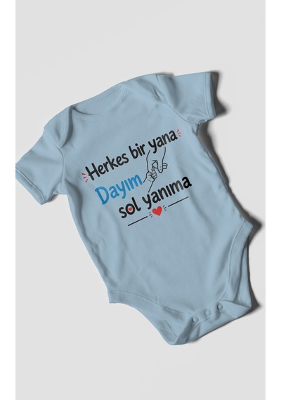 Morivokids Herkes Bir Yana, Dayım Sol Yanıma Kısa Kollu Bebek Body %100 Pamuk Bebe Mavisi