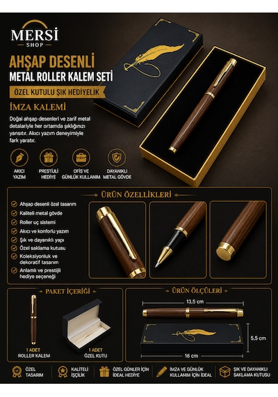 Ahşap Desenli Metal Roller Kalem Seti Özel Kutulu Şık Hediyelik İmza Kalemi Kahverengi
