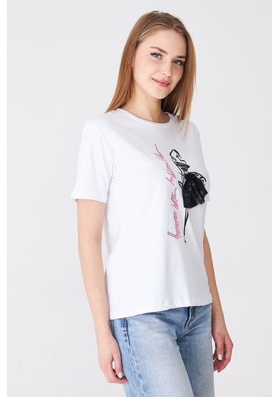 Sortie Collection Eteği Tül Detaylı Silüet Baskılı Basic Tshirt Beyaz