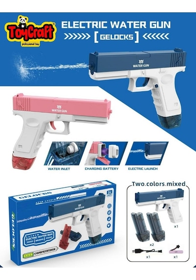 Elektrikli Otomatik Atış Yapan Çift Şaarjörlü Glock Su Tabancası Pembe Pembe