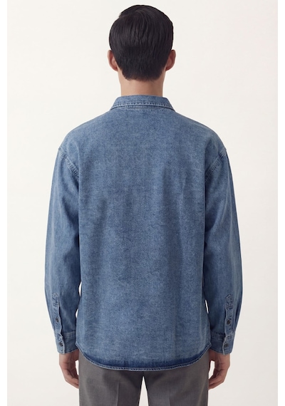 Sabri Özel Erkek Mavi Normal Kesim Regular Fit Pamuk Torba Cep Uzun Kollu Denim Ceket Gömlek