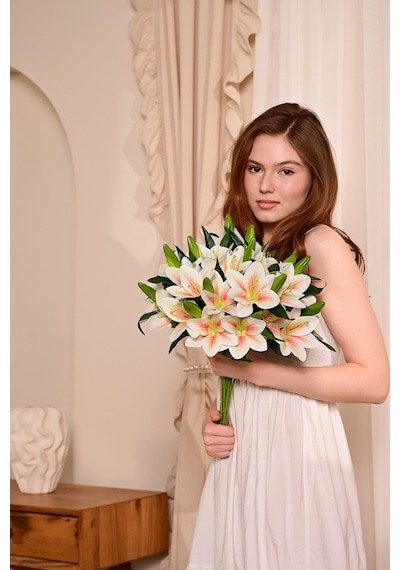 Somon Yapay Zambak Çiçeği Dallı Premium Canlı Islak Dokulu 45 Cm
