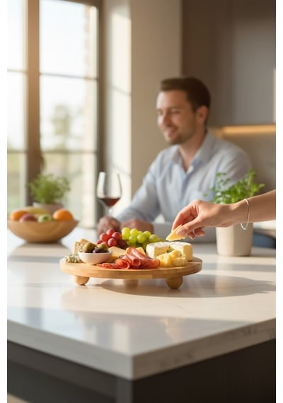Balsa Bambu Top Ayaklı Yuvarlak Lüx Sunumluk-kahvaltı,pasta Çok Amaçlı Sunumluk 30cm Tex104 Kahverengi