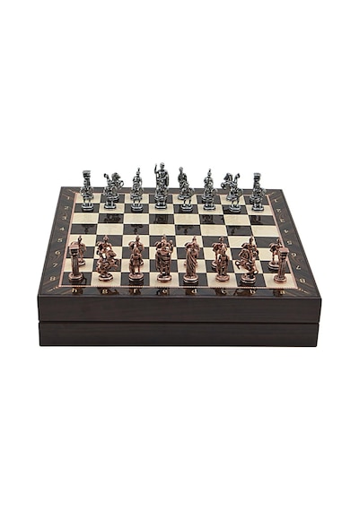 Orta Boy Metal Roma Satranç Takımı Antik Ve Ceviz Desenli Sandıklı Mdf Tahtası 36x36x6 Cm.
