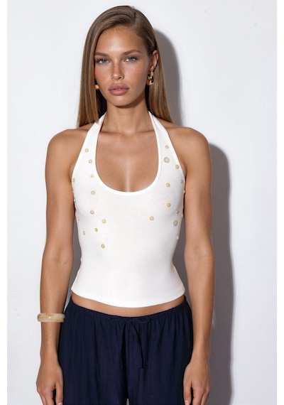 Hiccup Busem İşlemeli Slim Fit Kolsuz Bluz Beyaz