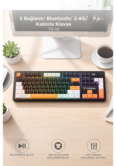 Torima TK14 Oyuncu Klavyesi RGB Işıklı Dijital Ekranlı 3 Modlu Mekanik Hisli Kablosuz Klavye