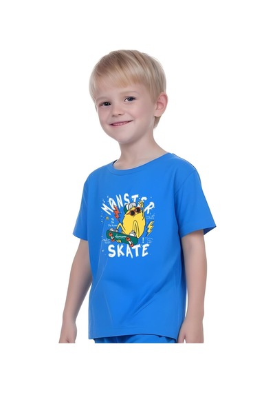 Fyk Kids Erkek Çocuk Tişört-şort Skate Baskılı Alt-üst Takım Mavi