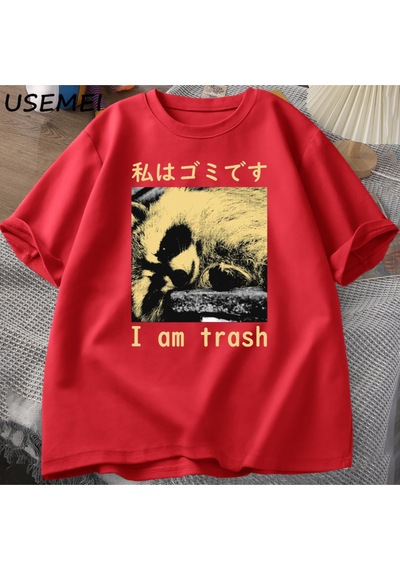 Flood Of Style Ben Çöp Japon Rakun Baskı T-shirt Harajuku Vintage Yüksek Kalite Pamuk Kısa Kollu Tişört Erke Kırmızı