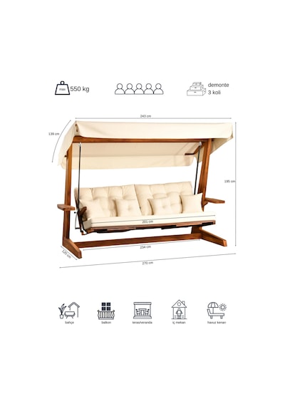 Luna Deluxe 2600 Iroko Beş Kişilik Ahşap Bahçe Salıncağı Krem