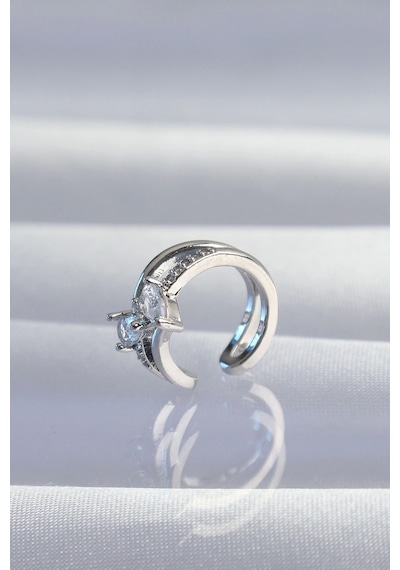 Pirinç Gümüş Renk Zirkon Taşlı Damla Earcuff Küpe Çok Renkli