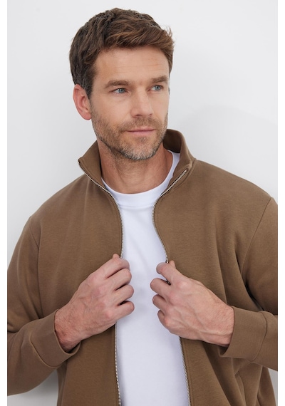 Tudors Unisex Relax Fit Rahat Kesim Pamuklu 3 İplik İçi Polarlı Fermuarlı Kahverengi Cepli Sweatshirt Hırka-41677 Kahverengi