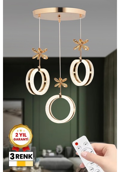 3 Renk Kumandalı 3 Lü Yüzük Led Avize Gold Kasa Modern Ledli Avize Gold - 850437193 Gold - 850437193 Gold