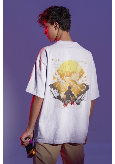 Zenitsu Agatsuma Sırt Baskılı Unisex Oversize Anime Tişört Beyaz