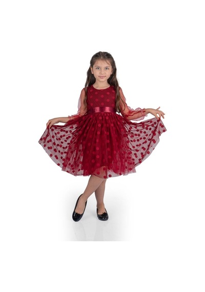 Prenses İri Puanlı Tokalı Dantel Kumaş Kız Çocuk Elbise Mnk0547 001