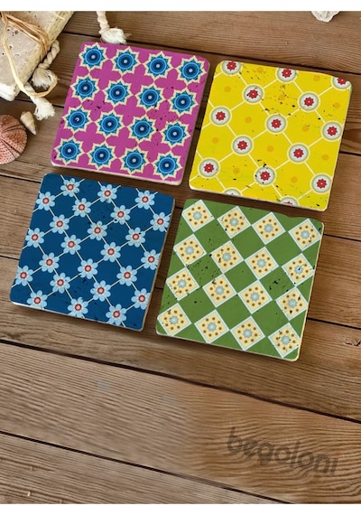 Doğal Taş Bardak Altlığı 4'lü Set - Renkli Desenler Baskılı - Çok Renkli