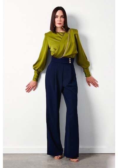 Sateen Bel Detaylı Pantolon - Lacivert-134350 Lacivert