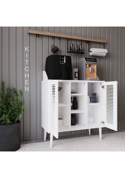 Kahve Kiler-kahve Köşesi %100 Mdf Lake Ahşap Ayak Çok Amaçlı Dolap Beyaz