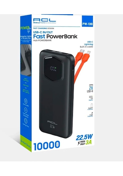 Acl Pw 139 10000 Mah 22.5w Hızlı Şarjlı Powerbank Dahili Type-c & Lightning Kablolu Siyah